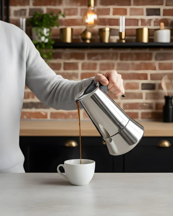 Quttin Cafetera de Inducción para 4 Servicios, 10.5 x 12.8 x 15.9 cm, Acero Inoxidable (6 Unidades)