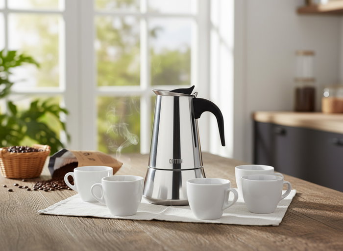 Quttin Cafetera de Inducción para 4 Servicios, 10.5 x 12.8 x 15.9 cm, Acero Inoxidable (6 Unidades)