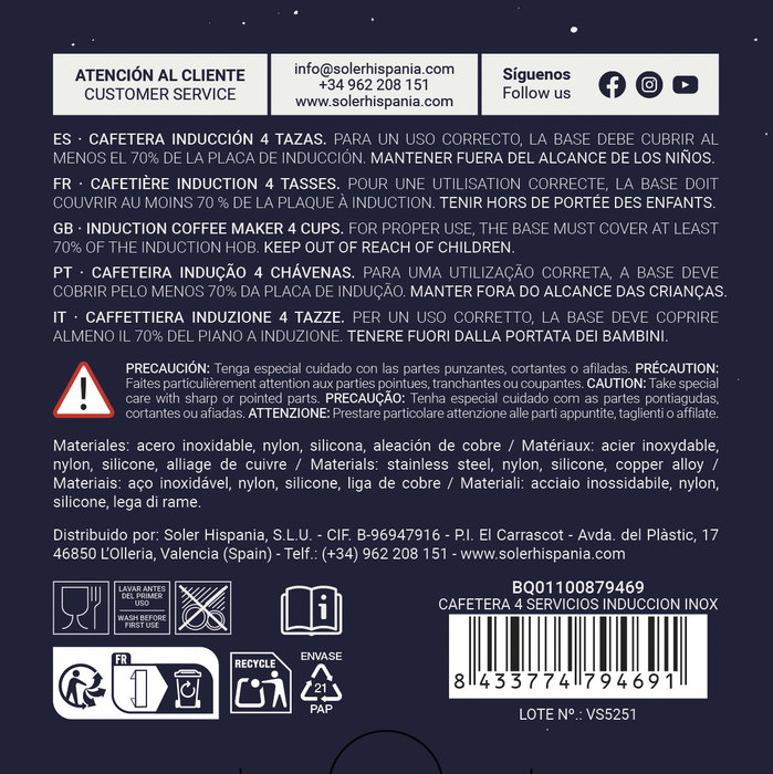 Quttin Cafetera de Inducción para 4 Servicios, 10.5 x 12.8 x 15.9 cm, Acero Inoxidable (6 Unidades)