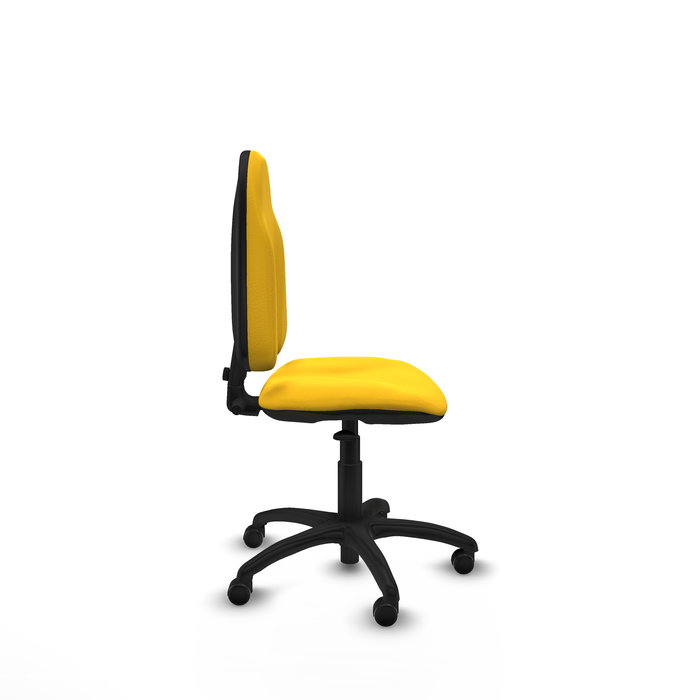 Silla de oficina Algarra con mecanismo Contacto permanente básico tapizada con Similpiel color Amarillo. Equipada con Base poliamida negra, Sin brazos y Ruedas autofrenantes