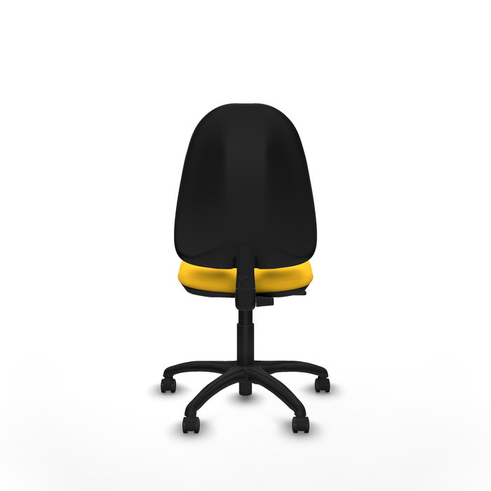 Silla de oficina Algarra con mecanismo Contacto permanente básico tapizada con Similpiel color Amarillo. Equipada con Base poliamida negra, Sin brazos y Ruedas autofrenantes