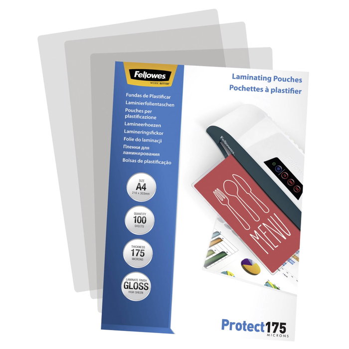 Fellowes Fundas de plastificar brillo A4 175 micras, pack 100 Fellowes Fundas de plastificar brillo A4 175 micras, pack 100