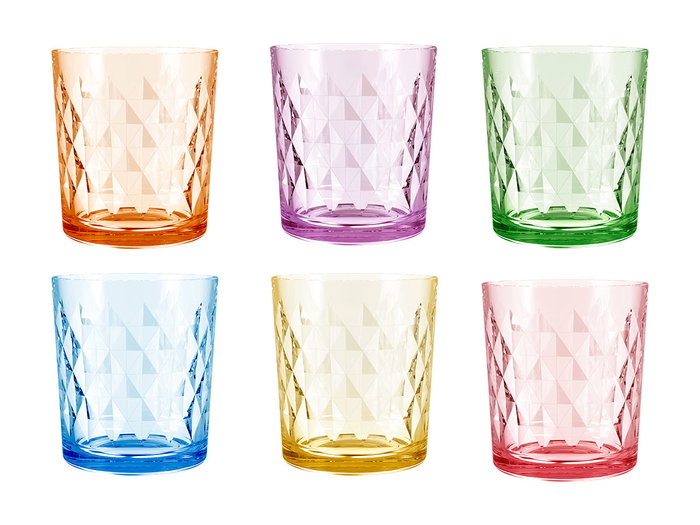 Vivalto - Vaso de Vidrio Diamante de 360 ml, Surtido de 6 Colores (Amarillo, Azul, Naranja, Morado, Rosa, Verde), Dimensiones 8.5x10x8.5 cm (Set de 24)