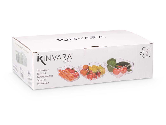 Kinvara Set 3 Bandejas Organizadoras Transparentes para Nevera de Plástico (PS) - Medidas: 37x21.5x11 cm, 34x19x9.5 cm, 31.5x15.5x9 cm (Set de 4)