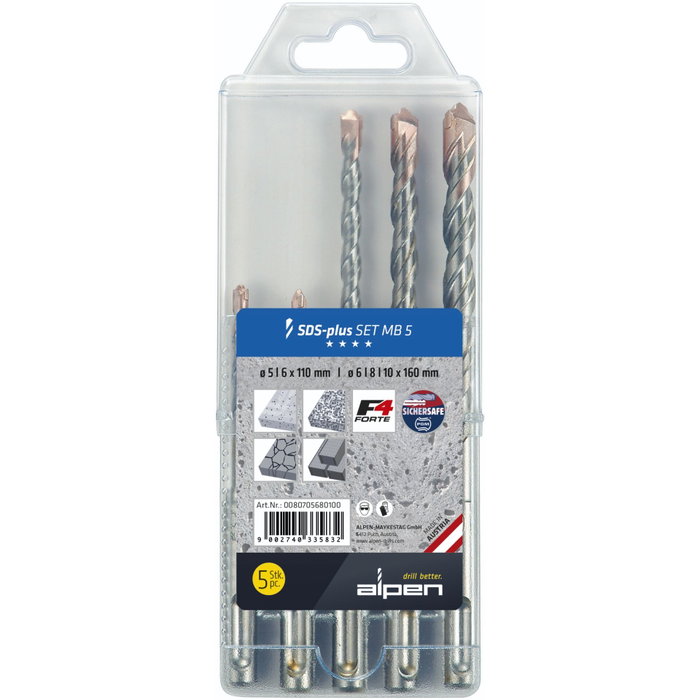 Alpen SDS-plus F4 MB5 Juego de 5 Brocas para Hormigón y Piedra Alpen SDS-plus F4 MB5 Juego de 5 Brocas para Hormigón y Piedra
