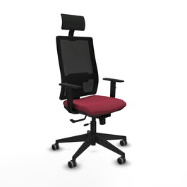 Silla de oficina Horna con mecanismo Sincro/Traslack tapizada con Tela color Granate y malla color Negro. Equipada con lumbar 1D, Brazos 1D, Cabecero Fijo y Ruedas 65 mm parqué