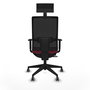 Silla de oficina Horna con mecanismo Sincro/Traslack tapizada con Tela color Granate y malla color Negro. Equipada con lumbar 1D, Brazos 1D, Cabecero Fijo y Ruedas 65 mm parqué
