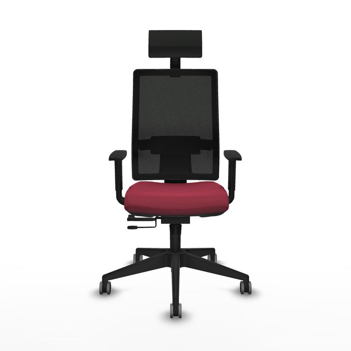 Silla de oficina Horna con mecanismo Sincro/Traslack tapizada con Tela color Granate y malla color Negro. Equipada con lumbar 1D, Brazos 1D, Cabecero Fijo y Ruedas 65 mm parqué