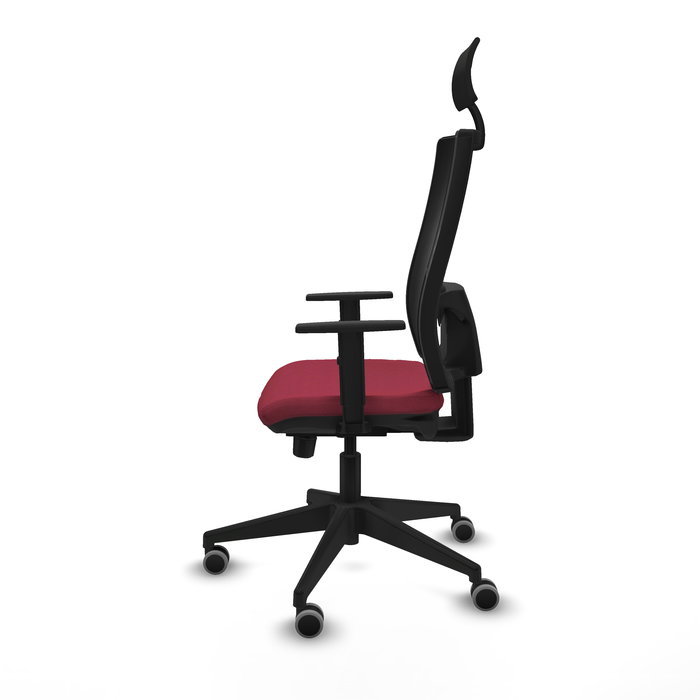 Silla de oficina Horna con mecanismo Sincro/Traslack tapizada con Tela color Granate y malla color Negro. Equipada con lumbar 1D, Brazos 1D, Cabecero Fijo y Ruedas 65 mm parqué