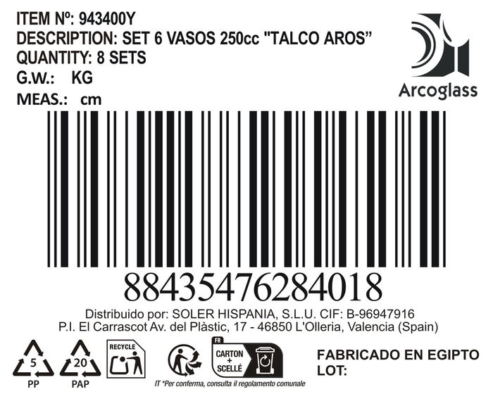 La Mediterranea Set 6 Vasos 250 cc "Talco Aros" (8 Cajas)