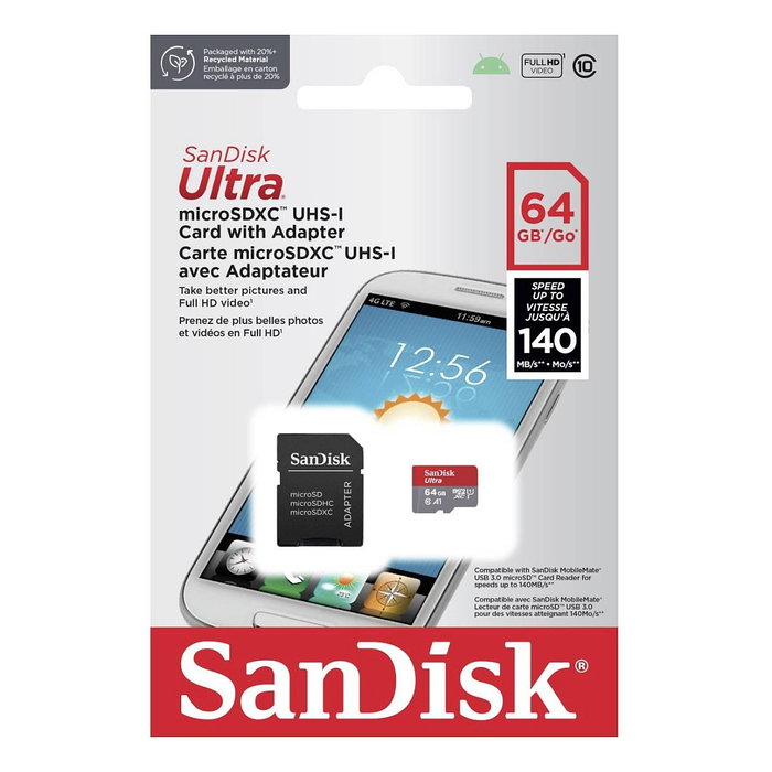 Sandisk ultra tarjeta de memoria flash (adaptador microsdxc a sd incluido) 64gb