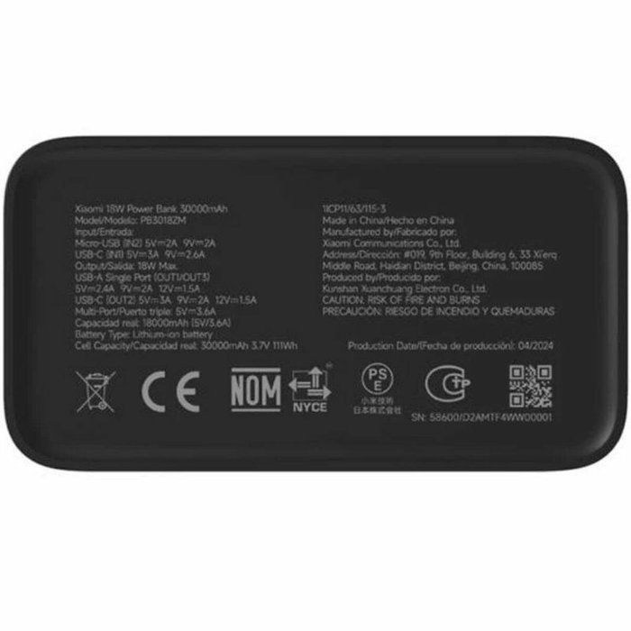 Xiaomi Powerbank 30000mAh 18W Negra PB3018ZM
