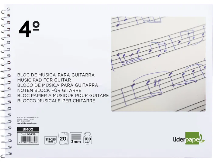 Liderpapel Bloc de Música para Guitarra Hexagrama Cuarto 3 mm 20 Hojas 100 g/m2