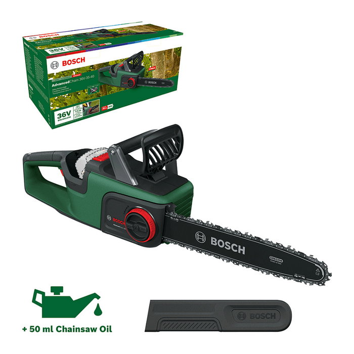 Bosch ADVANCEDCHAIN 36V-35-40 Motosierra a Bateria de 36V, Longitud de Corte 31 cm, Velocidad de Cadena 14 m/s, Mango Ergonómico, Negro y Verde Bosch ADVANCEDCHAIN 36V-35-40 Motosierra a Bateria de 36V, Longitud de Corte 31 cm, Velocidad de Cadena 14 m/s, Mango Ergonómico, Negro y Verde