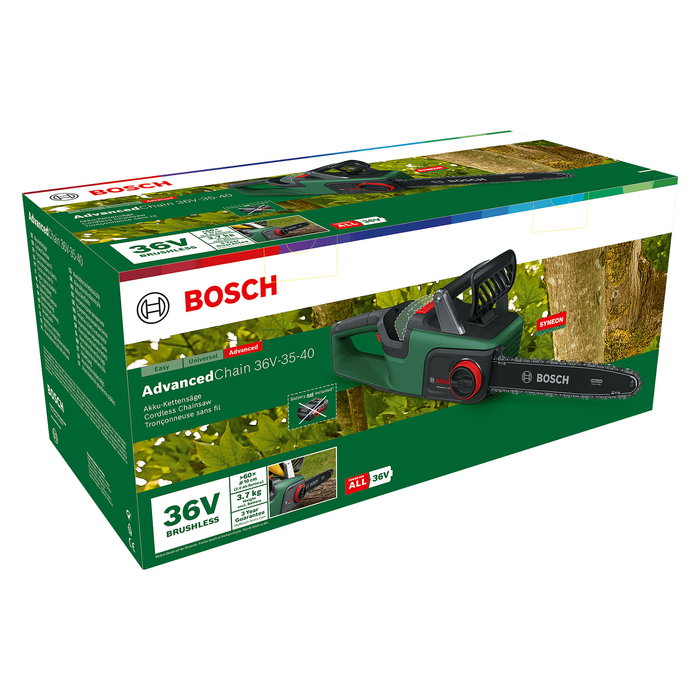 Bosch ADVANCEDCHAIN 36V-35-40 Motosierra a Bateria de 36V, Longitud de Corte 31 cm, Velocidad de Cadena 14 m/s, Mango Ergonómico, Negro y Verde Bosch ADVANCEDCHAIN 36V-35-40 Motosierra a Bateria de 36V, Longitud de Corte 31 cm, Velocidad de Cadena 14 m/s, Mango Ergonómico, Negro y Verde