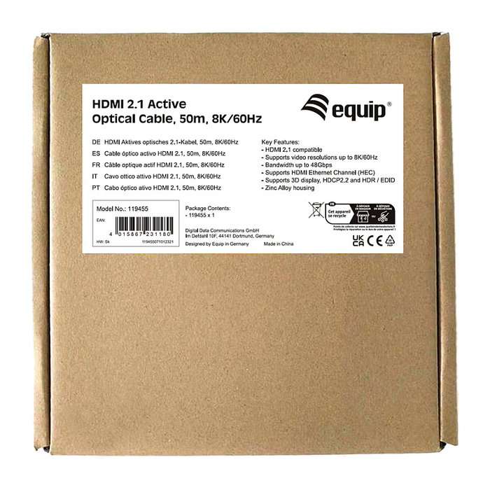 EQUIP Cable HDMI 2.1 119455 Óptico Activo 50m 8K/60Hz HDR Ethernet ARC Estándar A-A Conectores Chapados en Oro Negro