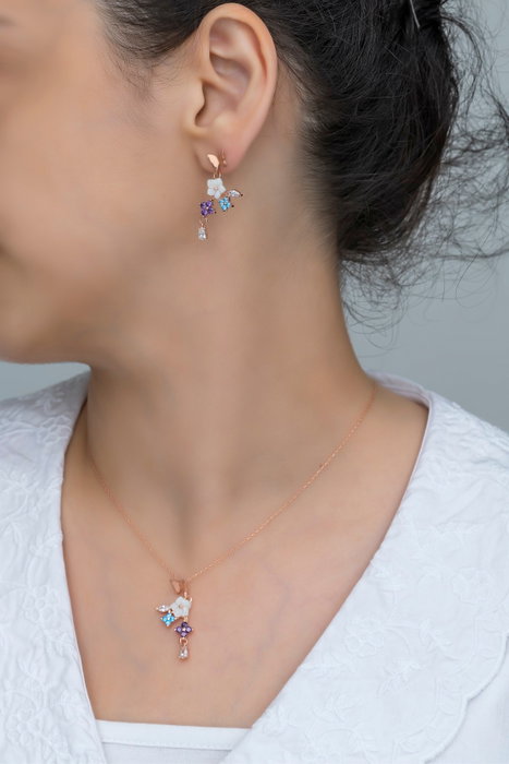 Heliophilia Silver NRZ99361 Conjunto Collar y Pendientes Plata de Ley 925 Baño Oro Rosa con Circonita