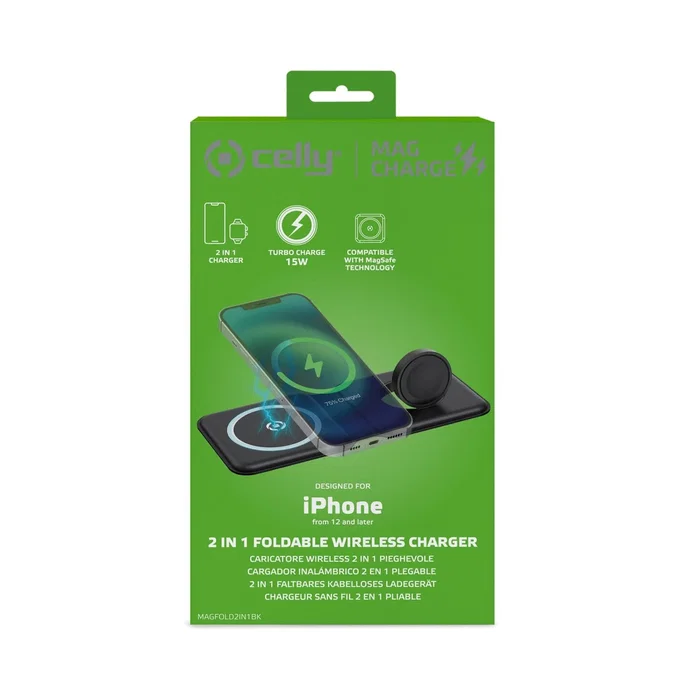 Celly MAGFOLD2IN1BK Cargador Plegable 2 en 1 Inalámbrico MagSafe 15W para iPhone 12+ y Apple Watch - Negro