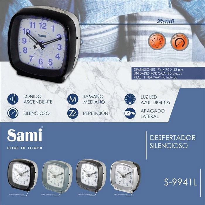 SAMI Despertador Cuadrado Mediano Silencioso con Luz LED Azul y Negro