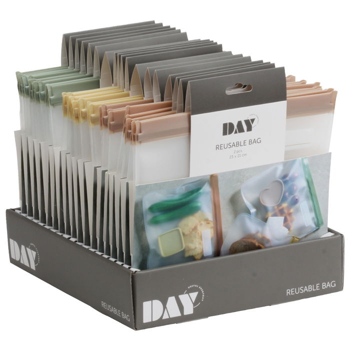 Day Juego de 2 Bolsas Conservar Reutilizables Herméticas con Cierre Zip, PEVA, Medidas 23x21 cm, Colores Surtidos