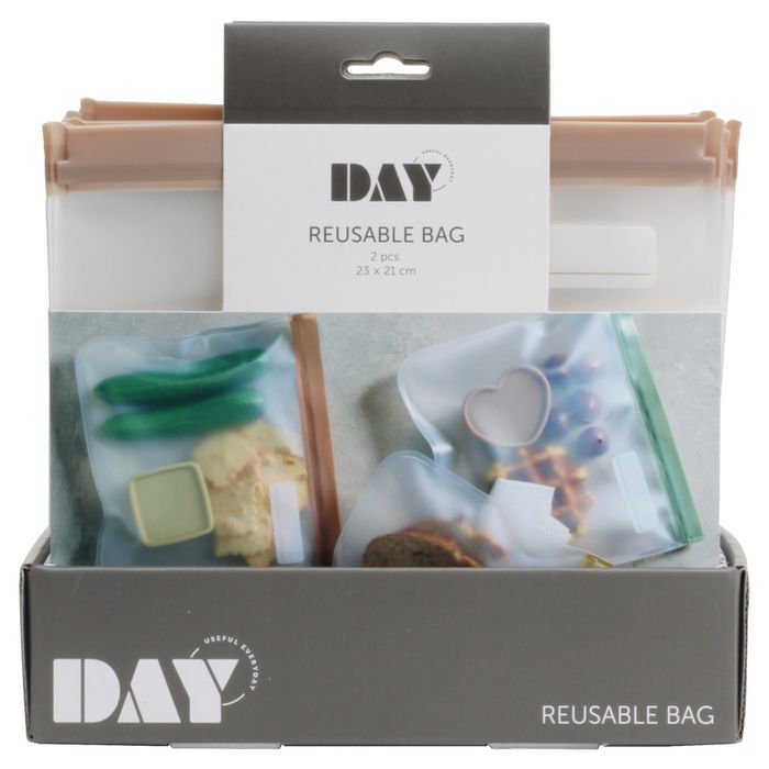 Day Juego de 2 Bolsas Conservar Reutilizables Herméticas con Cierre Zip, PEVA, Medidas 23x21 cm, Colores Surtidos