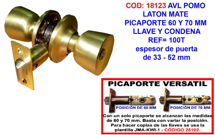 AVL Pomo de Latón Mate con Picaporte 60 y 70 mm, Llave y Condena AVL Pomo de Latón Mate con Picaporte 60 y 70 mm, Llave y Condena