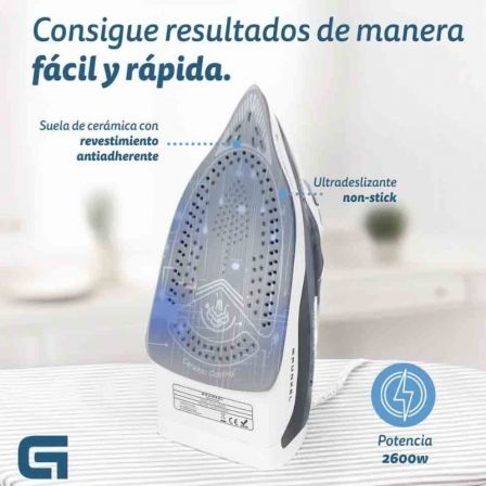 Grunkel Plancha de Vapor PL-2600CE 2600W, Suela Cerámica, Vapor Continuo 20-25 g/min y Ráfaga 120 g/min, Depósito 370 ml, Autolimpieza, Autoapagado y Antical, Color Azul