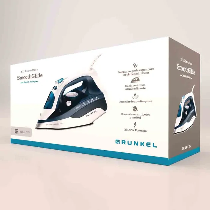 Grunkel PL-2600CE Plancha a Vapor de 2600W, Suela de Cerámica Azul, Ráfaga de Vapor 120g/min, Vapor Continuo 25g/min, Autolimpieza, Antical y Autoapagado