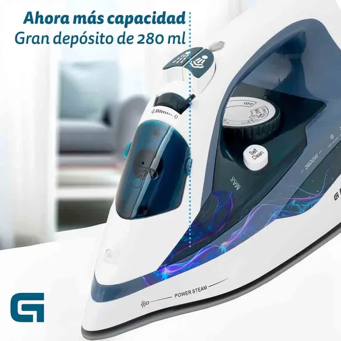 Grunkel PL-2600CE Plancha a Vapor de 2600W, Suela de Cerámica Azul, Ráfaga de Vapor 120g/min, Vapor Continuo 25g/min, Autolimpieza, Antical y Autoapagado