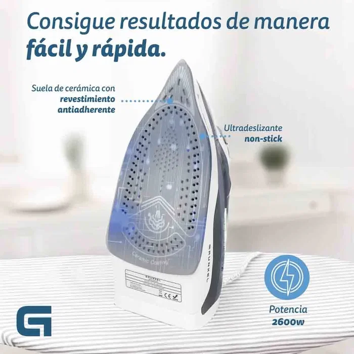 Grunkel PL-2600CE Plancha a Vapor de 2600W, Suela de Cerámica Azul, Ráfaga de Vapor 120g/min, Vapor Continuo 25g/min, Autolimpieza, Antical y Autoapagado