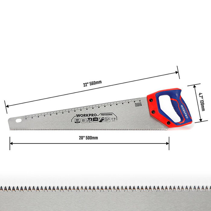 Workpro Serrucho Universal, 500 mm, Hoja SK5, 7 TPI, Mango Ergonómico con Guías para Corte a 45° y 90°, para Madera, Bambú y PVC