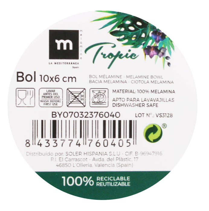 La Mediterranea Bol Melamina Tropic 10 cm x 6 cm Brillo (24 Unidades)