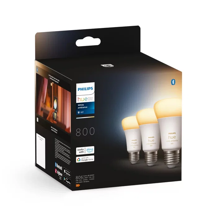 Philips Hue White Ambiance 8719514328266 Bombilla LED Inteligente Bluetooth E27 A60 9W (Equivalente 60W), Luz Blanca Cálida a Fría 2200-6500K, Paquete de 3
