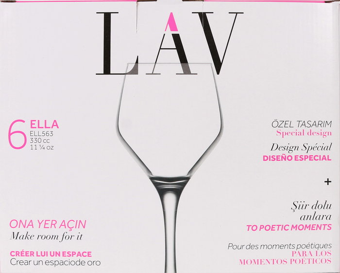 LAV Set de 6 Copas de Vino/Agua de 330 cc, Colección Ella, 21.4 cm de alto, 26.3 cm de largo y 17.8 cm de ancho (4 Cajas)