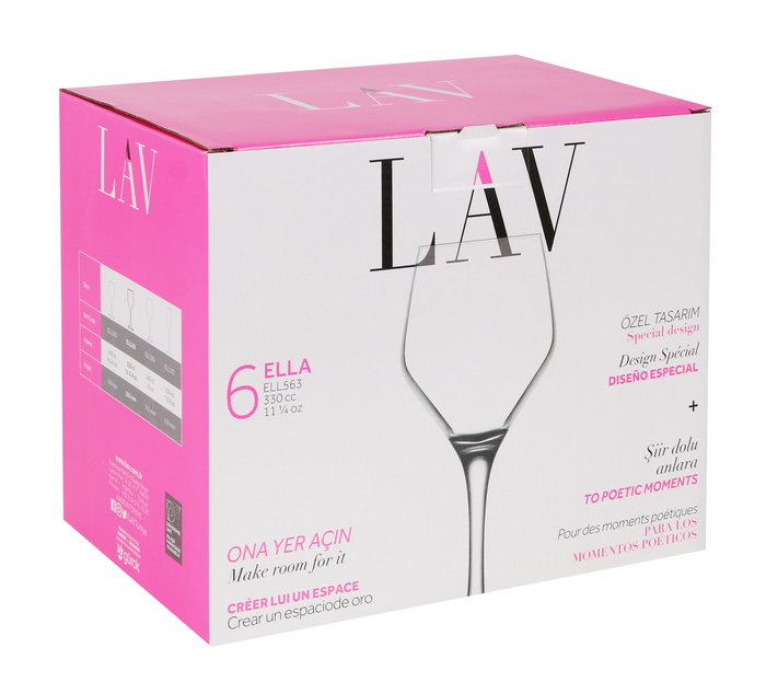 LAV Set de 6 Copas de Vino/Agua de 330 cc, Colección Ella, 21.4 cm de alto, 26.3 cm de largo y 17.8 cm de ancho (4 Cajas)