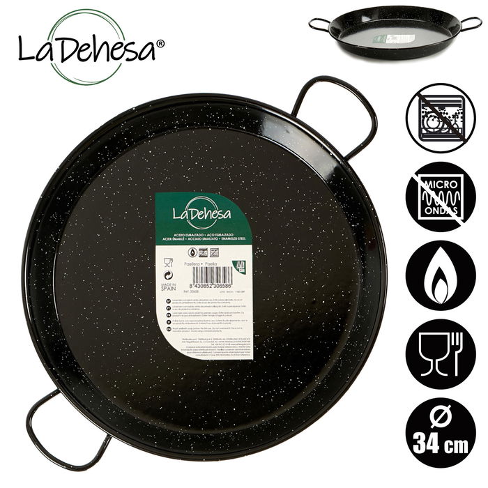 La Dehesa Paellera Esmaltada 34 cm Negro Acero Esmaltado 6 Raciones Apta para Gas Horno Leña (Set de 6)