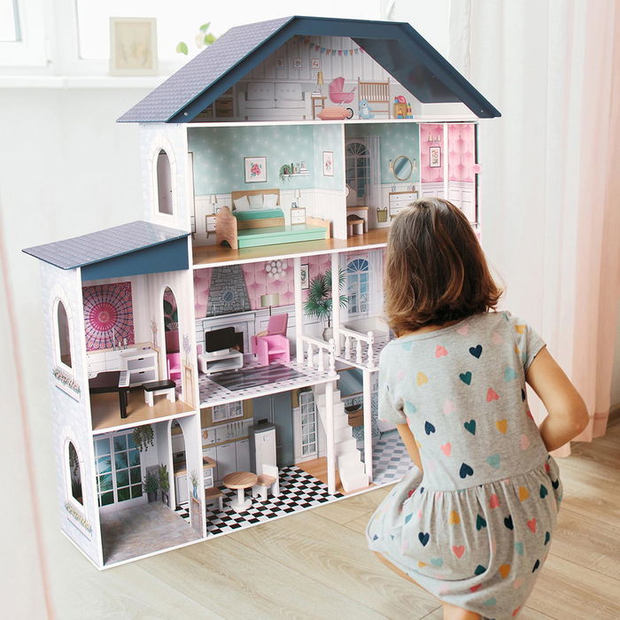 Deqube Casa De Muñecas De Madera Premium XL Con 13 Accesorios Y Muebles Para Niños +3 Años Tamaño 130.3*36*134.5cm