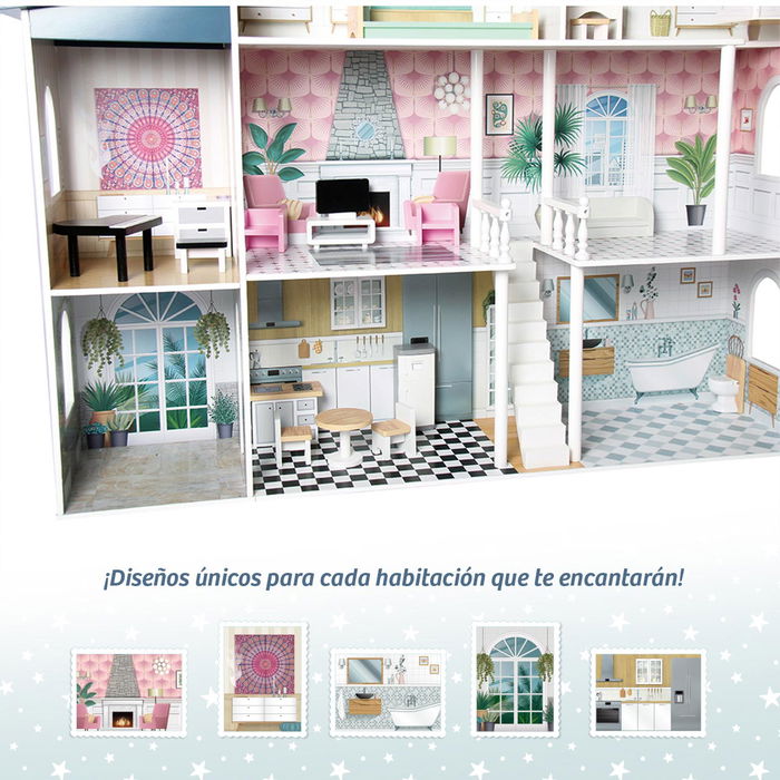 Deqube Casa De Muñecas De Madera Premium XL Con 13 Accesorios Y Muebles Para Niños +3 Años Tamaño 130.3*36*134.5cm