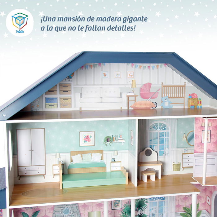 Deqube Casa De Muñecas De Madera Premium XL Con 13 Accesorios Y Muebles Para Niños +3 Años Tamaño 130.3*36*134.5cm