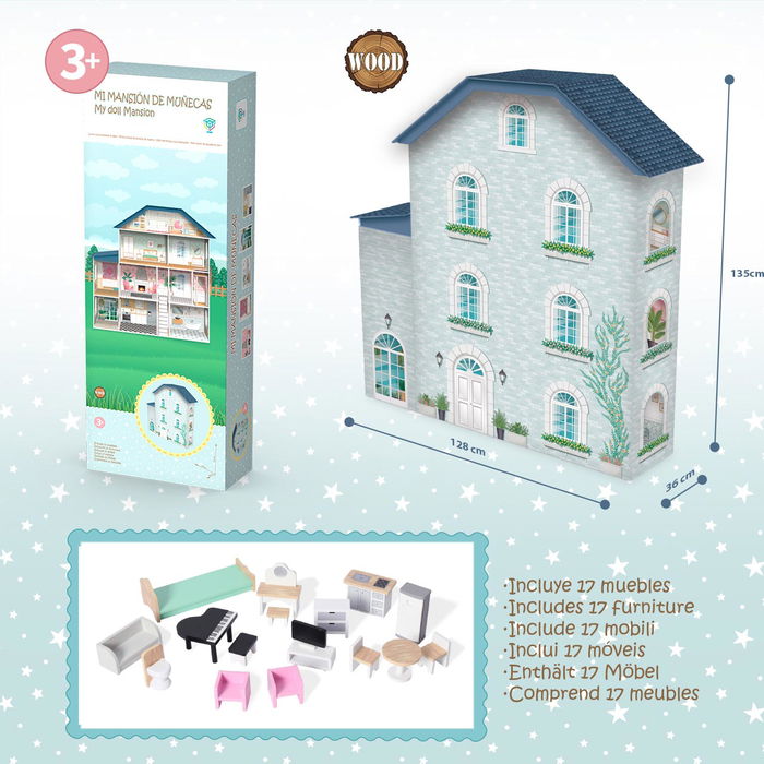 Deqube Casa De Muñecas De Madera Premium XL Con 13 Accesorios Y Muebles Para Niños +3 Años Tamaño 130.3*36*134.5cm