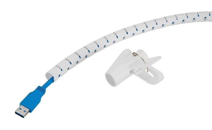 Neomounts ADS06-140WH Organizador de Cables Espiral Flexible, Ø15 mm, Blanco, para 1-3 Cables, 2 m de Longitud, con Clip Guía, para Escritorio