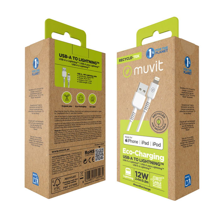 muvit for change cable USB a Lightning MFI 2,4A/12W 0,2m blanco muvit for change cable USB a Lightning MFI 2,4A/12W 0,2m blanco
