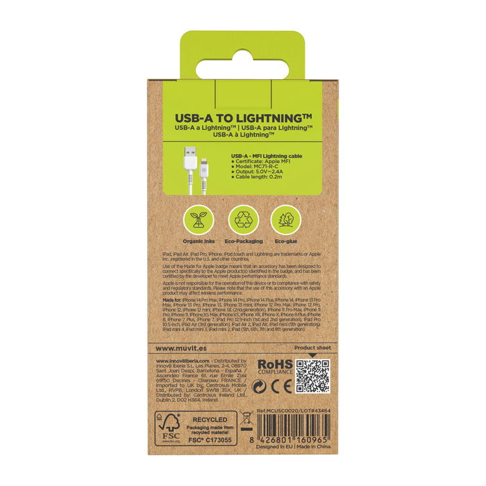 muvit for change cable USB a Lightning MFI 2,4A/12W 0,2m blanco muvit for change cable USB a Lightning MFI 2,4A/12W 0,2m blanco