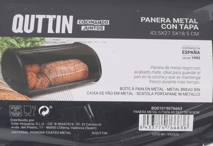 Quttin Panera Metal con Tapa 43.5 cm x 28.5 cm x 18.3 cm (3 Unidades)