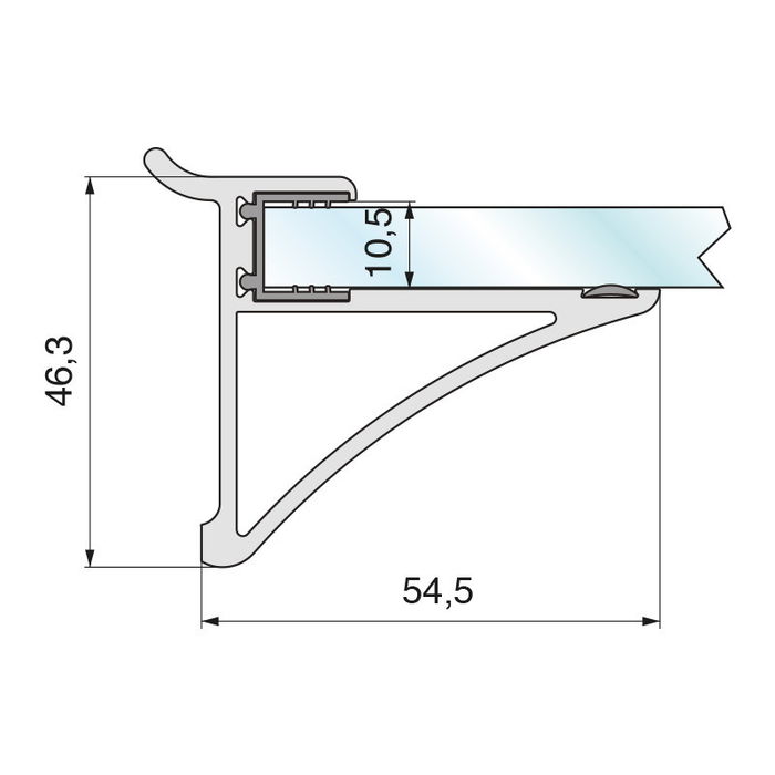 Zobal Soporte Estante Cristal SP10 L50 Plata Mate Con Pestaña Superior De Sujeción