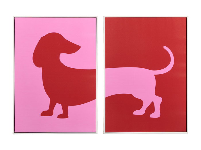 Giftdecor Cuadro Perro Surtidos 50x70 cm con Marco Blanco, Lienzo y Madera MDF, Colores Rojo y Rosa (Set de 4)