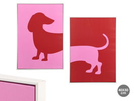 Giftdecor Cuadro Perro Surtidos 50x70 cm con Marco Blanco, Lienzo y Madera MDF, Colores Rojo y Rosa (Set de 4)