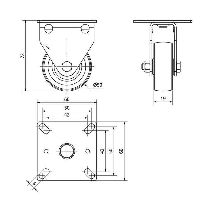 Ruedas Alex Rueda Fija Gris con Placa y Eje Liso, Carga Máxima 40 kg, Ø 5 cm
