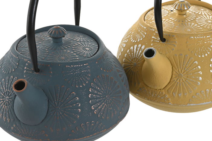 DKD Home Decor Tetera Oriental Hierro Colado Inox Amarillo Turquesa 1.2L (2 Unidades) 16x19x18 cm