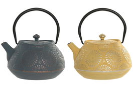 DKD Home Decor Tetera Oriental Hierro Colado Inox Amarillo Turquesa 1.2L (2 Unidades) 16x19x18 cm
